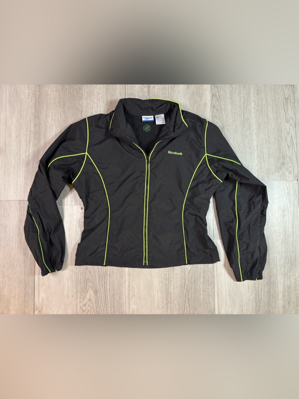Vintage 90s Reebok Vector Women's Cropped Track Jacket black green neon piping M